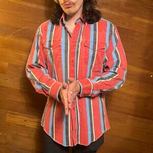 VINTAGE Wrangler Brushpopper Size M 16-33 Striped Button Down Cowboy Western